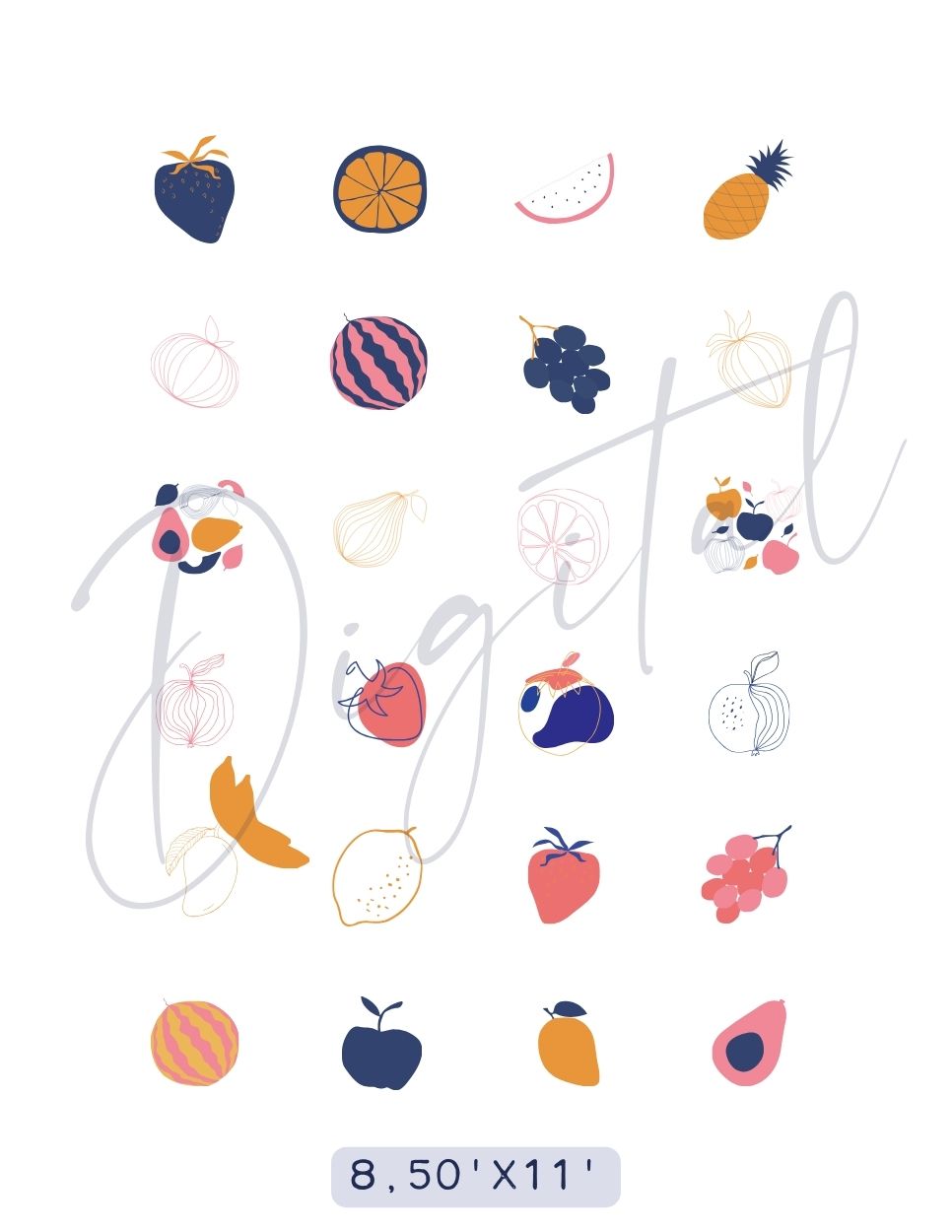 MINIMALIST FRUITS Digital Paper Pack, Printable Charm Necklace, Digital Printable FOR Polymer Clay Transfer Paper, Digital Polymer Clay Tools